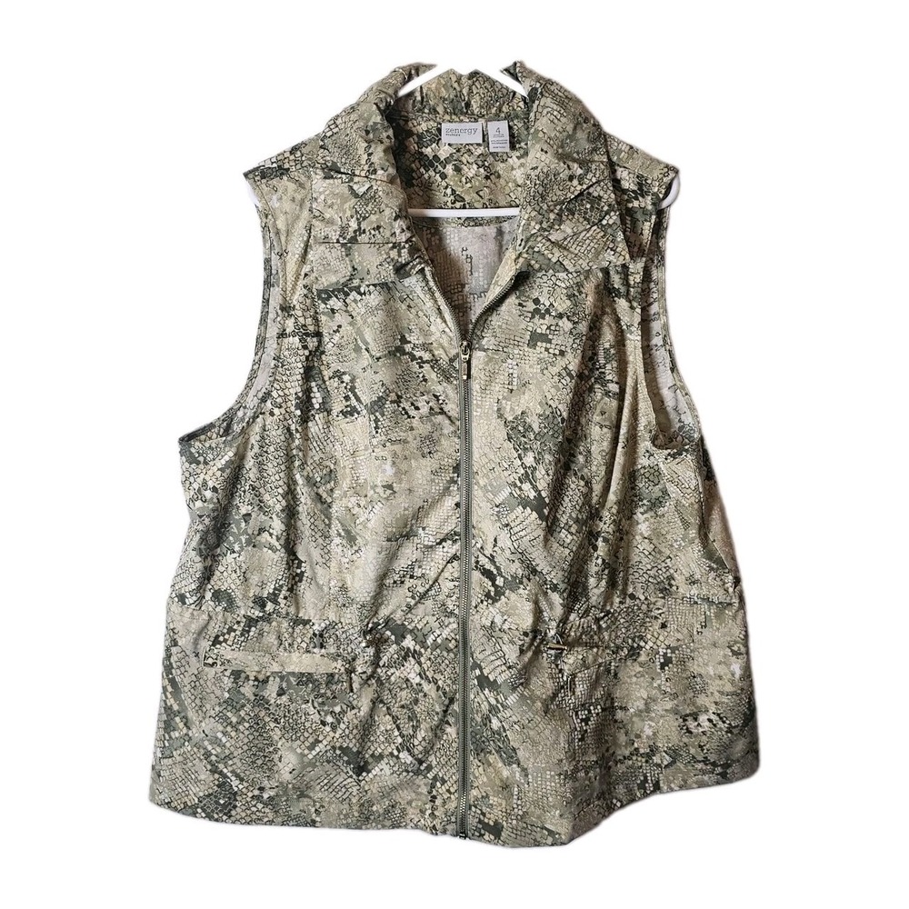 Chicos Zenergy Womens Size 4 2X Vest Reptile Print Zip Up Green Metallic Zip EUC